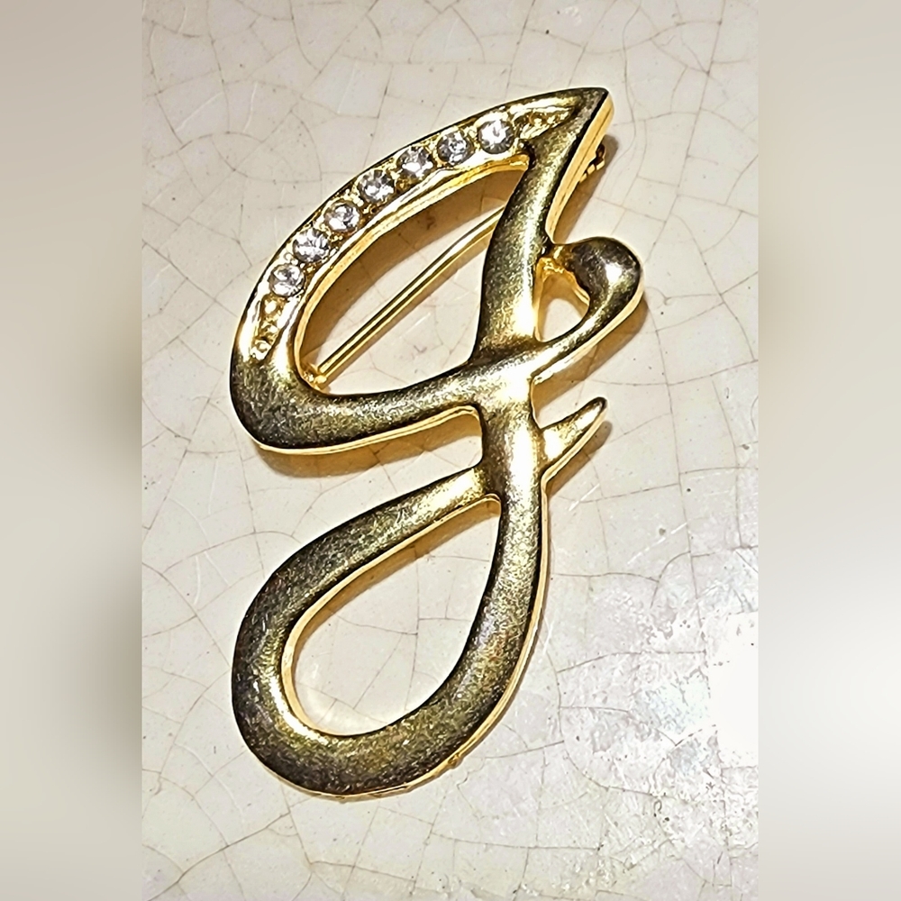 1990s Gold and rhinestone cursive g brooch, initial, gorgeous, girl, girlfriend
